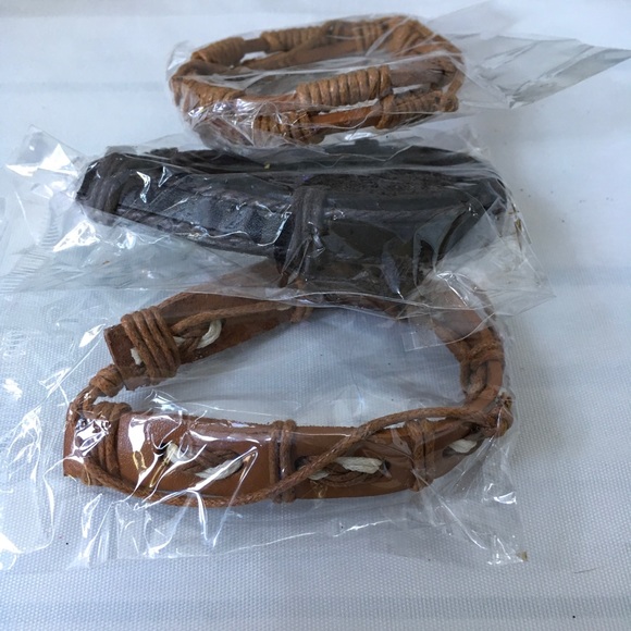 Genuine Leather Unisex 3 Piece Wristband Bracelet - Picture 2 of 8